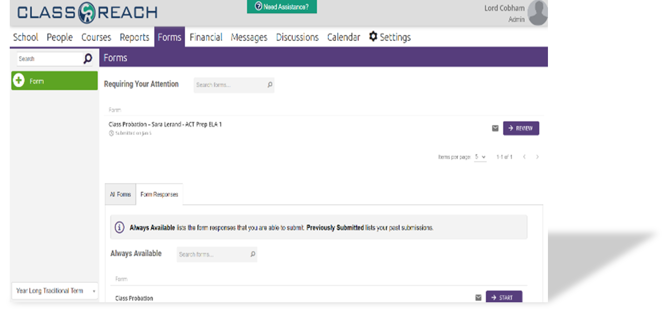 Screenshot of ClassReach Forms Creator showing form builder interface with payment integration, workflow options, and response reporting.