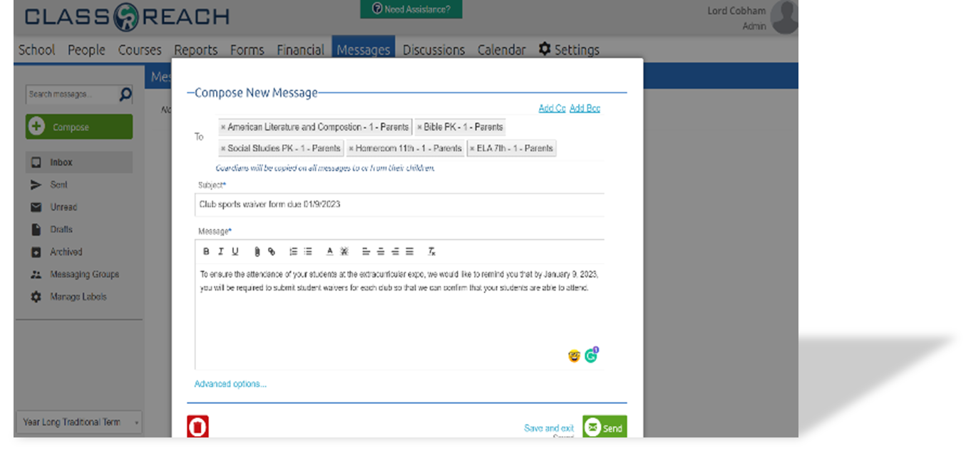 Screenshot of ClassReach Messaging inbox showing prebuilt groups, message labels, filters, and parent-teacher communication interface.