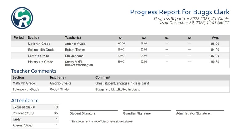 Report Card for Buggs Clark