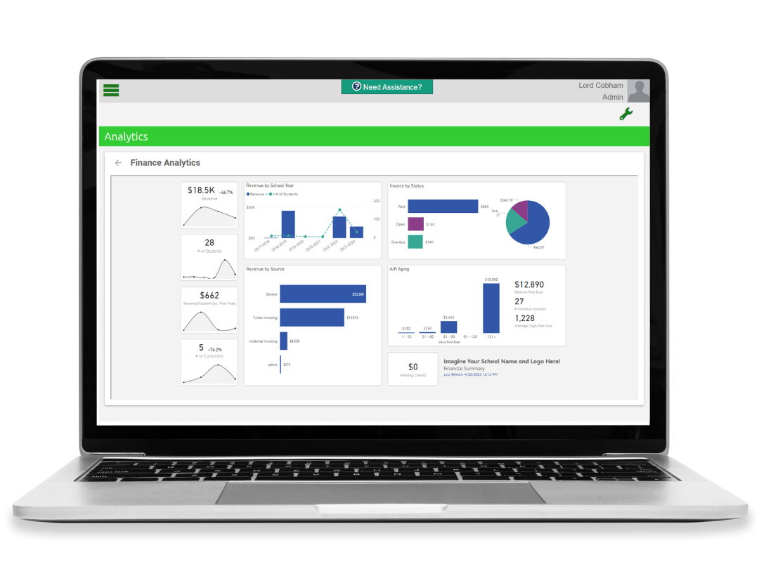 Screenshot of ClassReach analytics dashboard showing enrollment trends, attendance patterns, and financial health metrics for school administrators.
