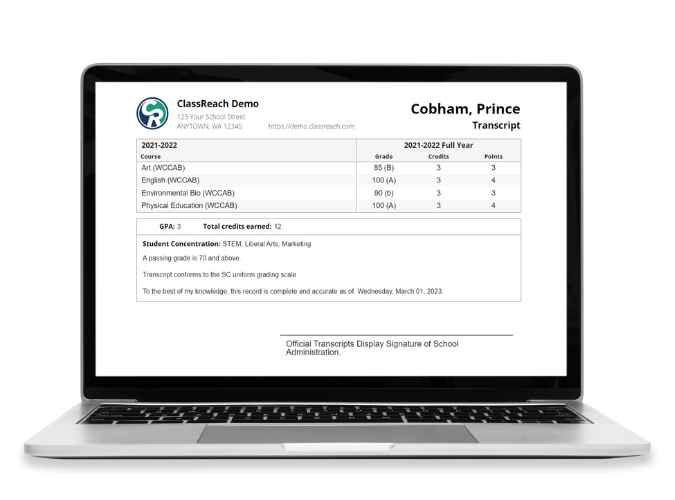 Image of student information system's printable transcripts