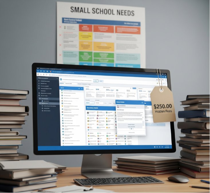 Cluttered desk with complex software manuals and a chaotic dashboard, highlighting the overwhelm of using bloated, district-focused school systems.